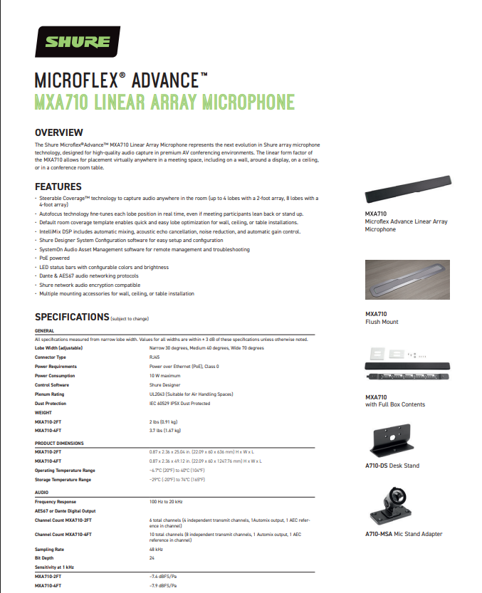 Shure MXA710 Datasheet