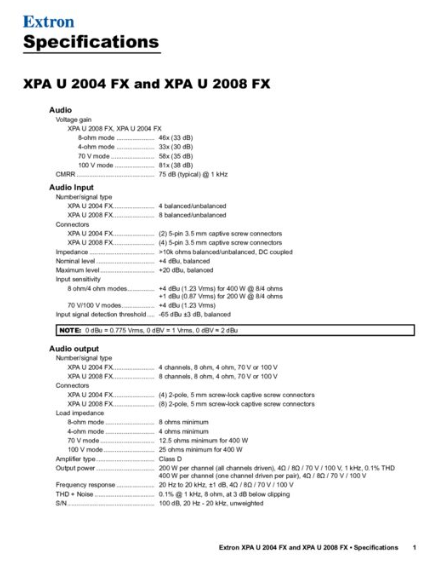 Amply Extron XPA U 2004 FX datasheet