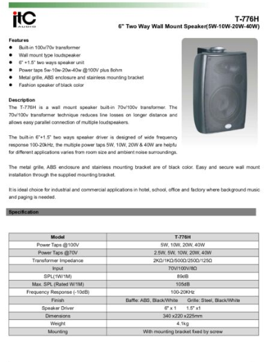Tài liệu, Datasheet Loa treo tường T-776H với Bass 6 Inch (5W, 10W, 20W, 40W)