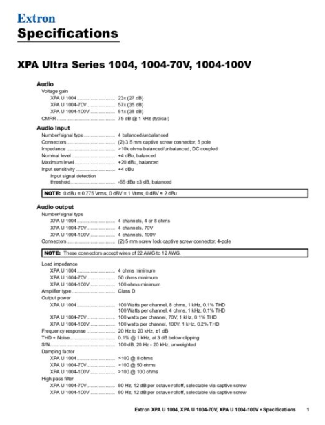 Amply Extron XPA U 1004 datasheet