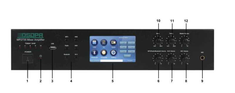 Mặt trước Amply DSPPA MP2735 với các phím và màn hình