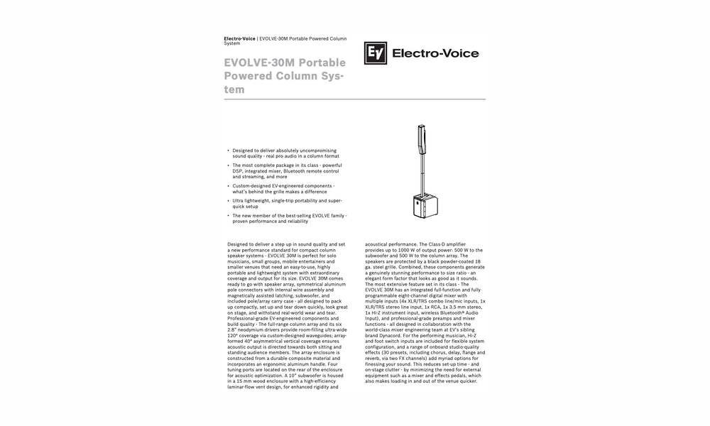 Tài liệu sản phẩm loa cột Electro-Voice Evolve 30M
