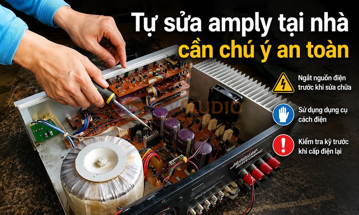 Ngắt điện trước khi tự sửa amply tại nhà