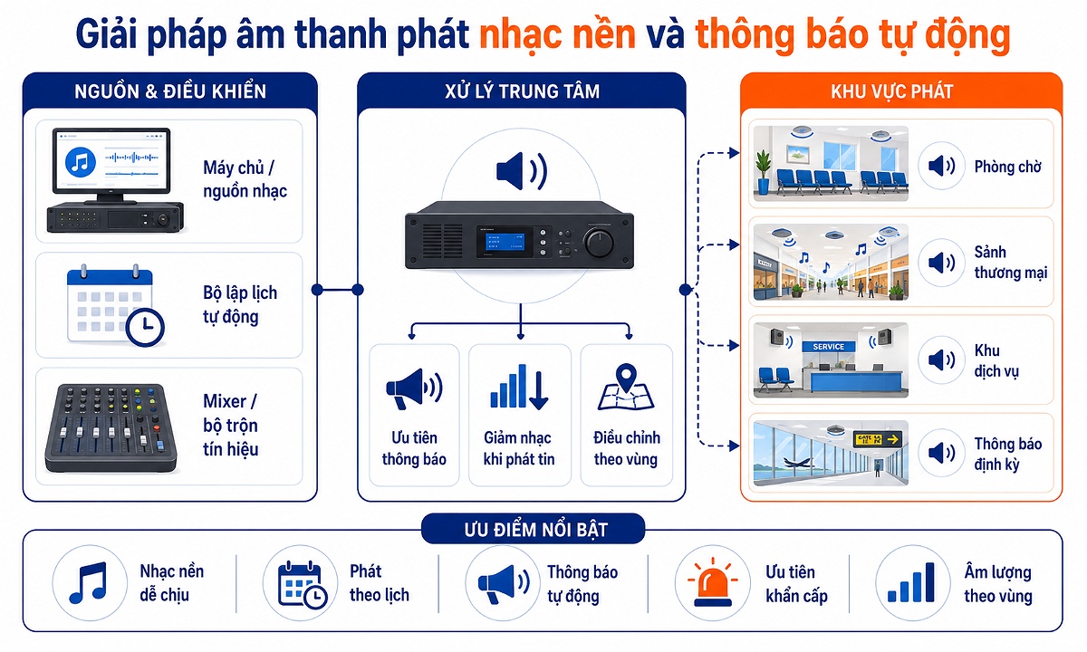 Giải pháp âm thanh phát nhạc nền kết hợp thông báo tự động