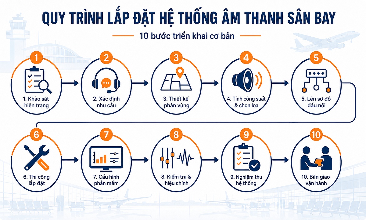 Quy trình triển khai lắp đặt hệ thống âm thanh tại sân bay
