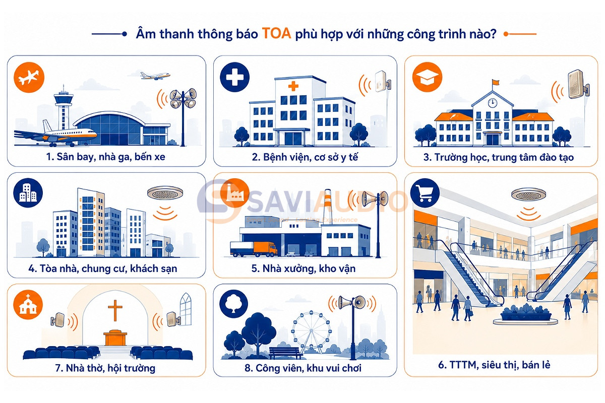 Âm thanh thông báo TOA phù hợp với những công trình nào?