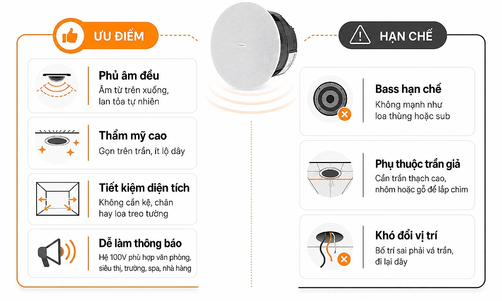 Ưu điểm và hạn chế của loa âm trần khi sử dụng thực tế