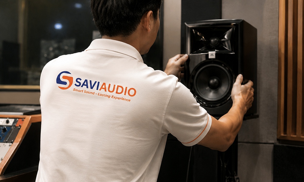Nhân viên SAVIAUDIO đang lắp đặt thiết bị âm thanh