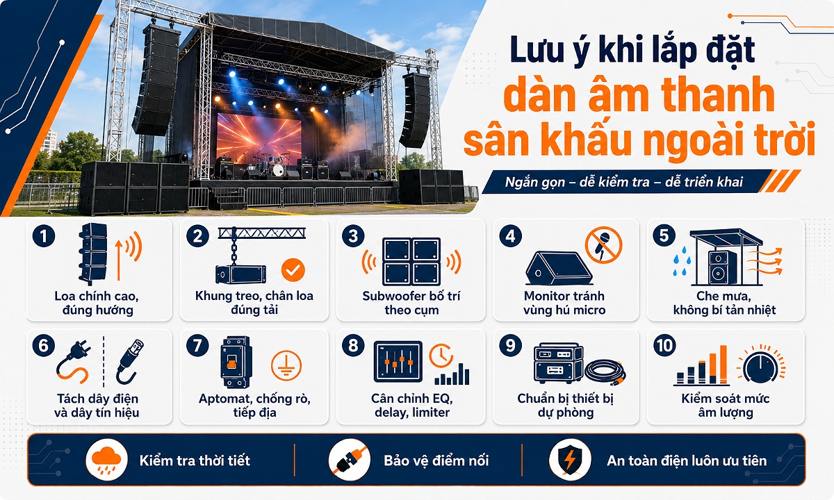 Các lưu ý quan trọng khi lắp đặt dàn âm thanh sân khấu ngoài trời