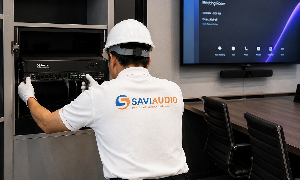 Nhân viên SAVIAUDIO đang lắp đặt thiết bị 