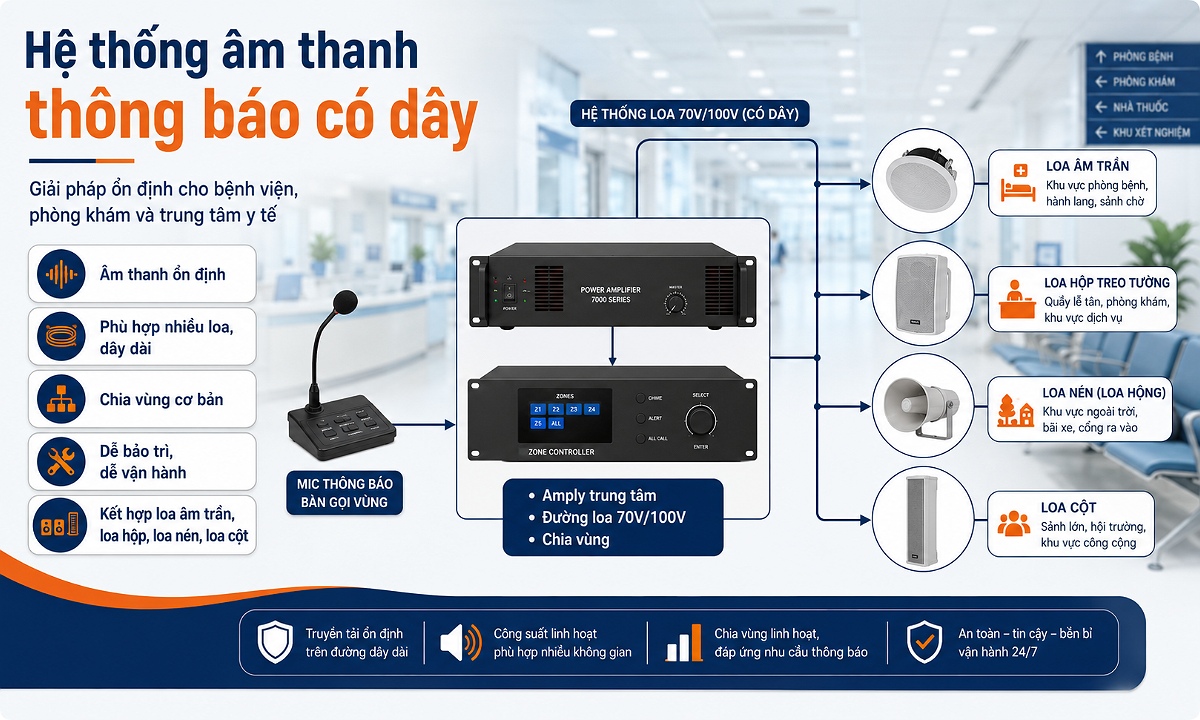 Hệ thống loa bệnh viện sử dụng công nghệ âm thanh thông báo có dây