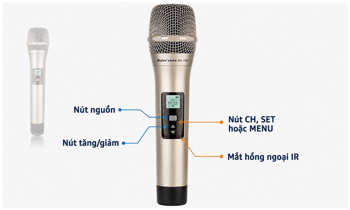 Nhận biết các nút và màn hình trên tay micro không dây UHF