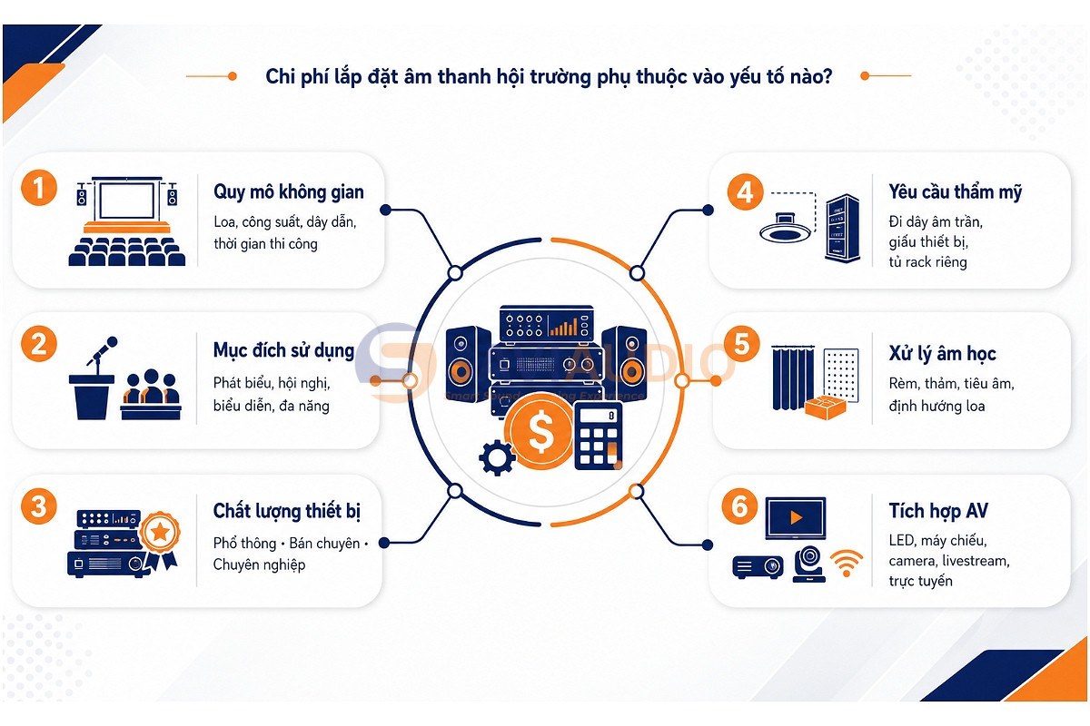 Chi phí lắp đặt âm thanh hội trường phụ thuộc vào yếu tố nào?