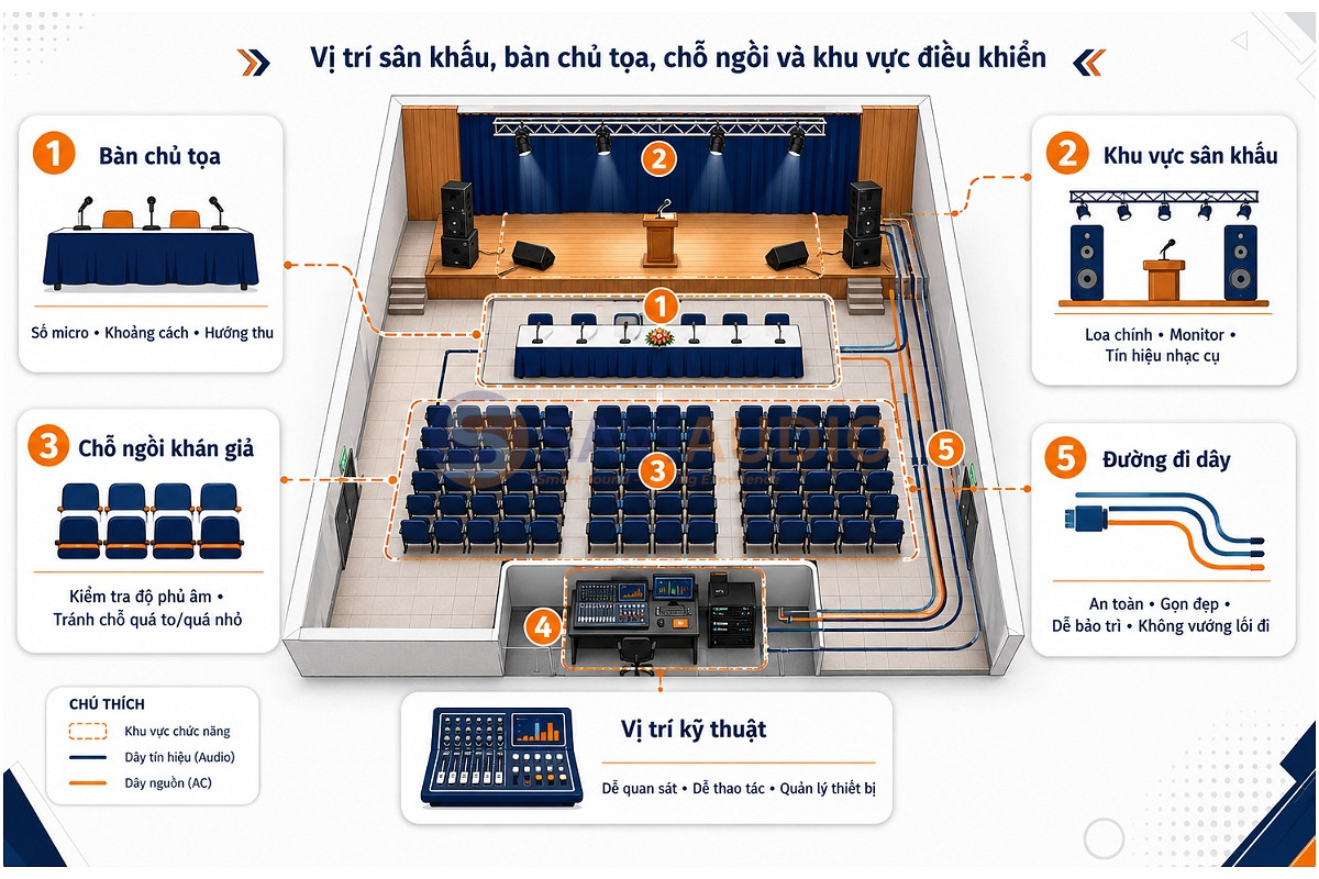 Vị trí sân khấu, bàn chủ tọa, chỗ ngồi và khu vực điều khiển