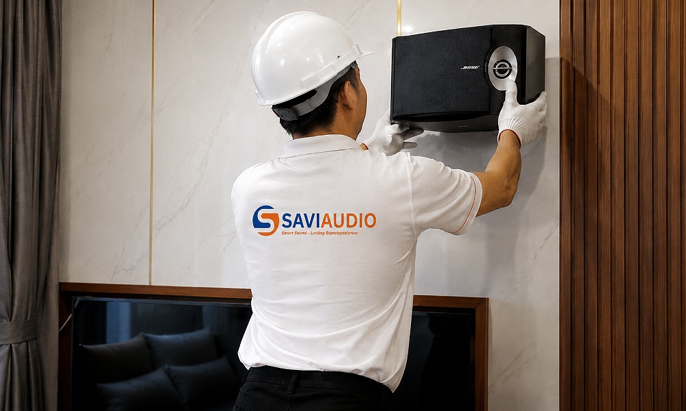 Nhân viên SAVIAUDIO đang lắp đặt thiết bị loa 