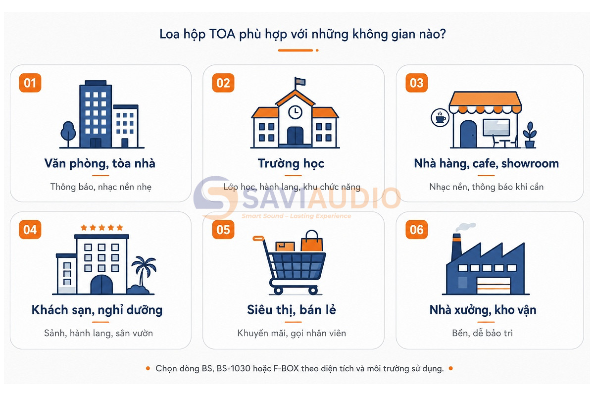 Loa hộp TOA phù hợp với những không gian nào