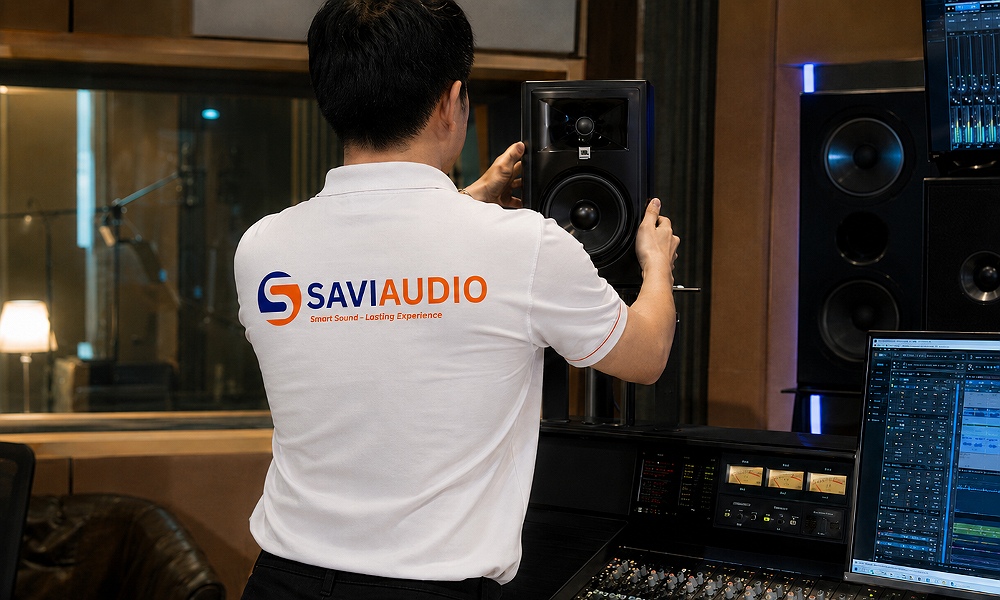 Nhân viên SAVIAUDIO đang lắp đặt thiết bị âm thanh