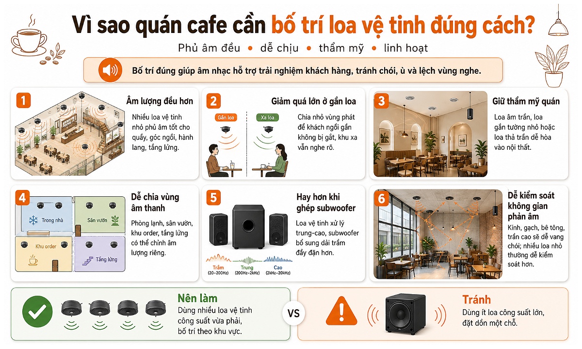 Vì sao quán cafe cần bố trí loa vệ tinh đúng cách?