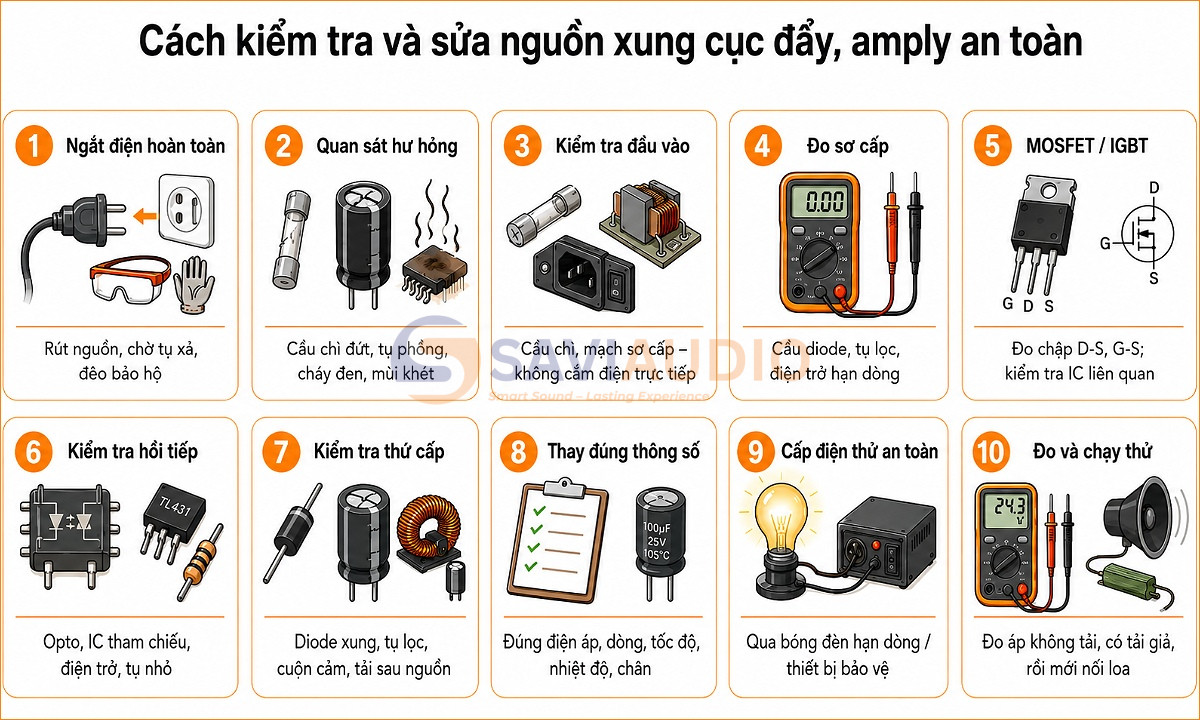 Cách kiểm tra và sửa nguồn xung cục đẩy