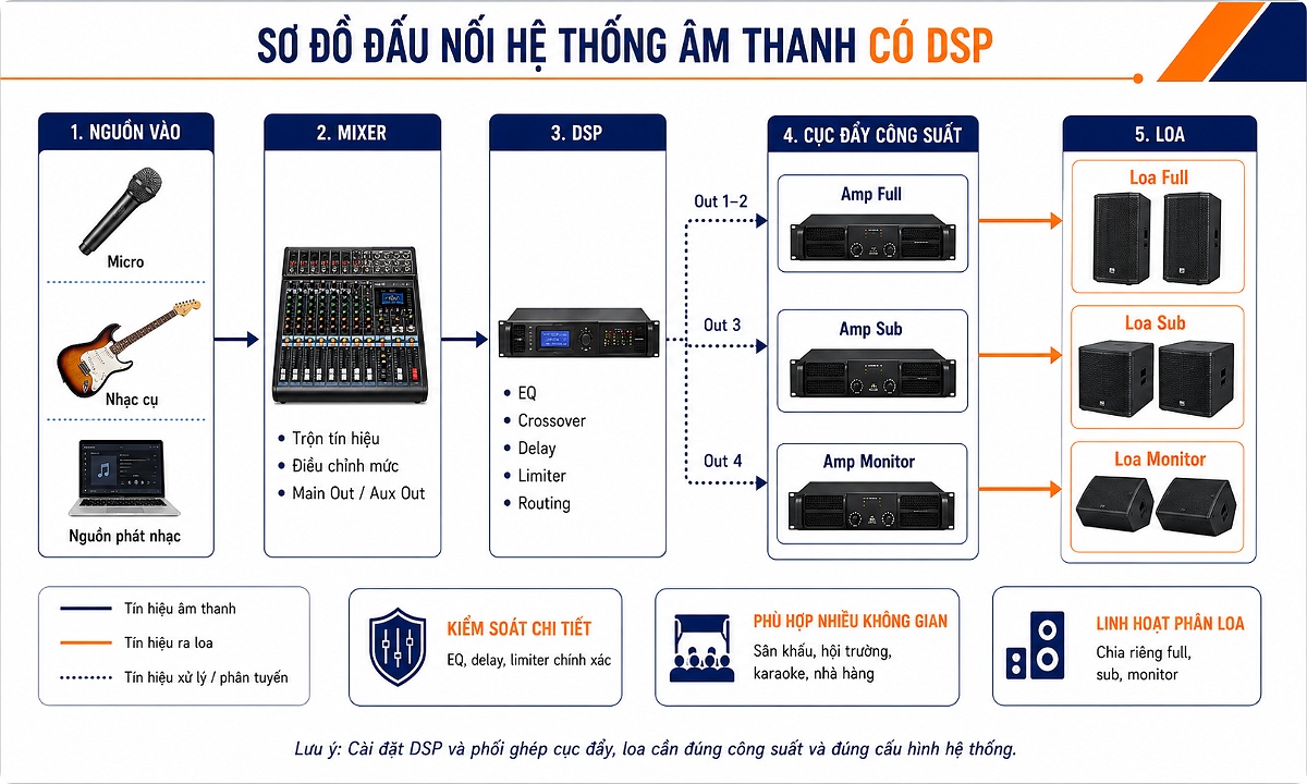 Sơ đồ kết nối hệ thống âm thanh tích hợp bộ xử lý DSP