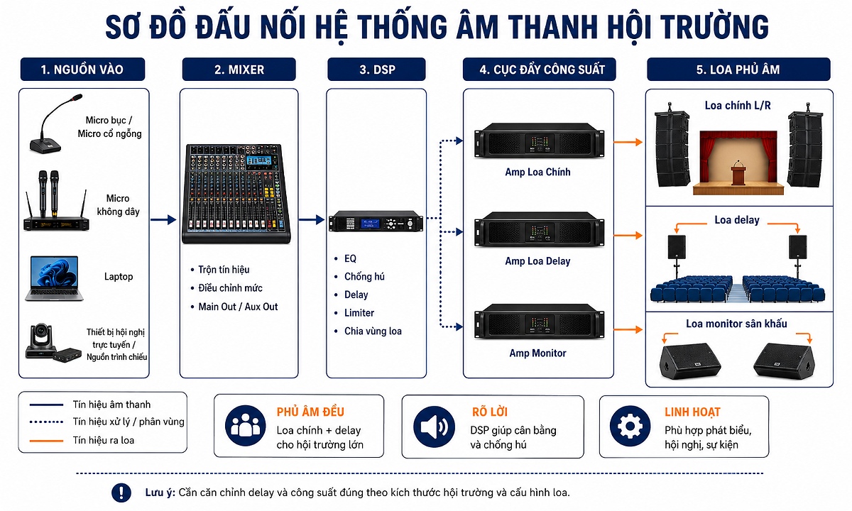 Sơ đồ kết nối thiết bị trong hệ thống âm thanh hội trường