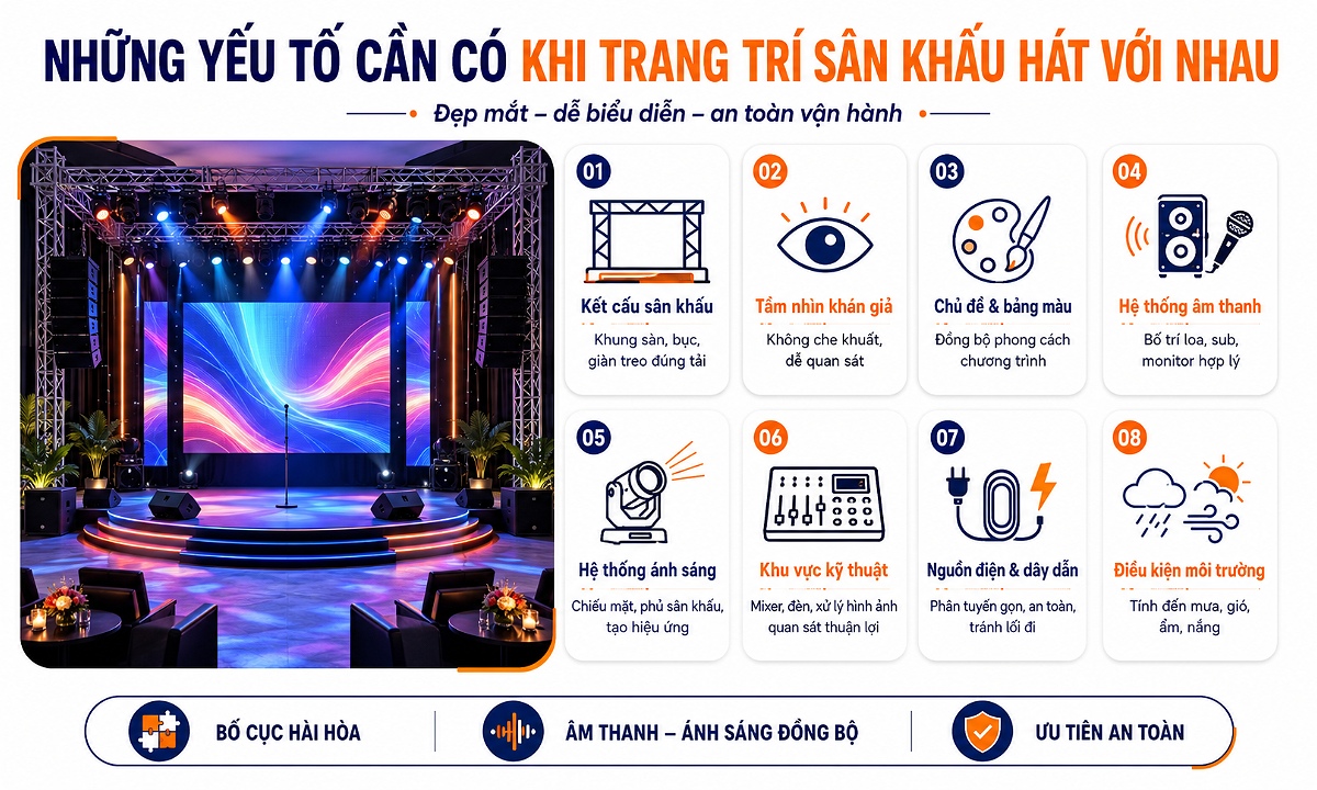Các yếu tố quan trọng trong trang trí sân khấu hát với nhau
