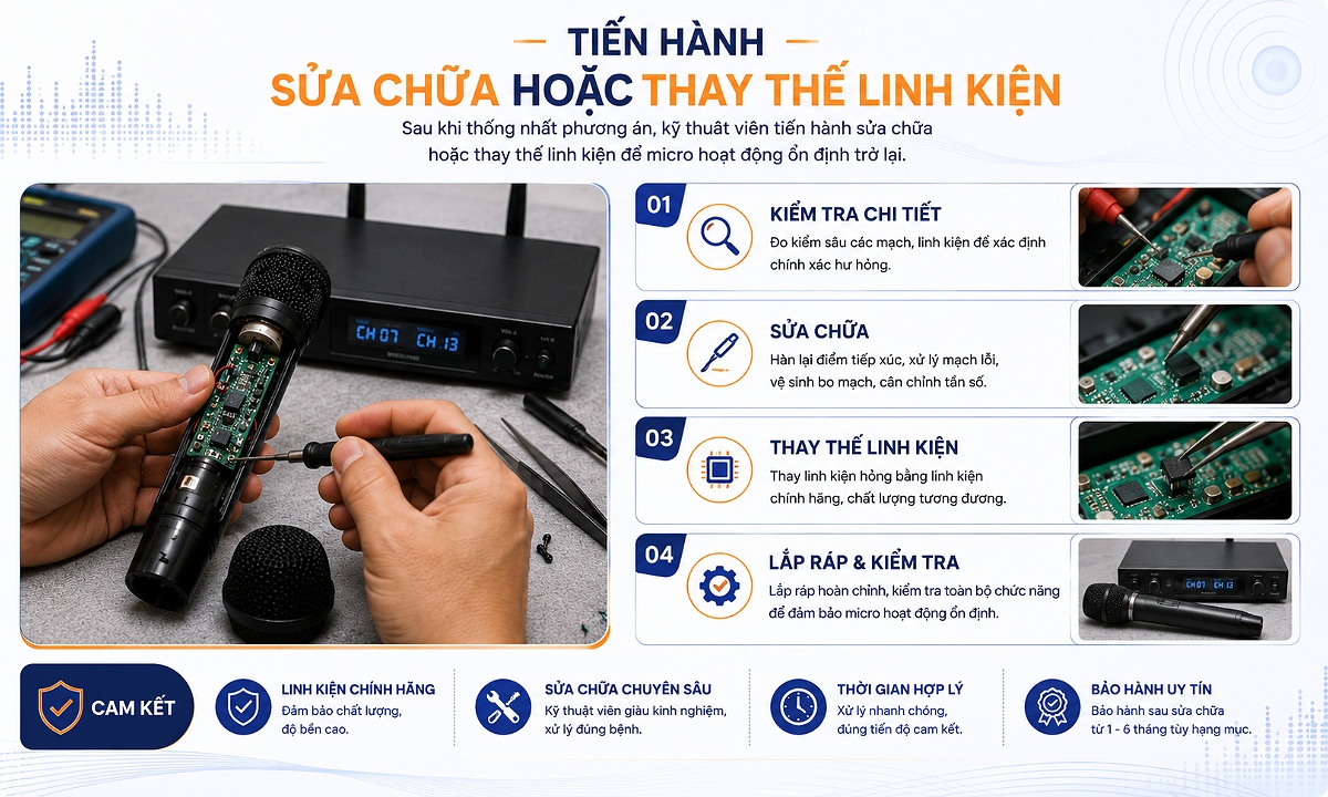 Tiến hành sửa chữa hoặc thay thế linh kiện micro không dây bị hư hỏng