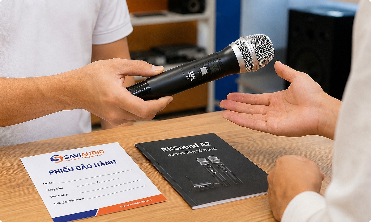 Bàn giao micro không dây sau sửa chữa và hướng dẫn khách hàng sử dụng