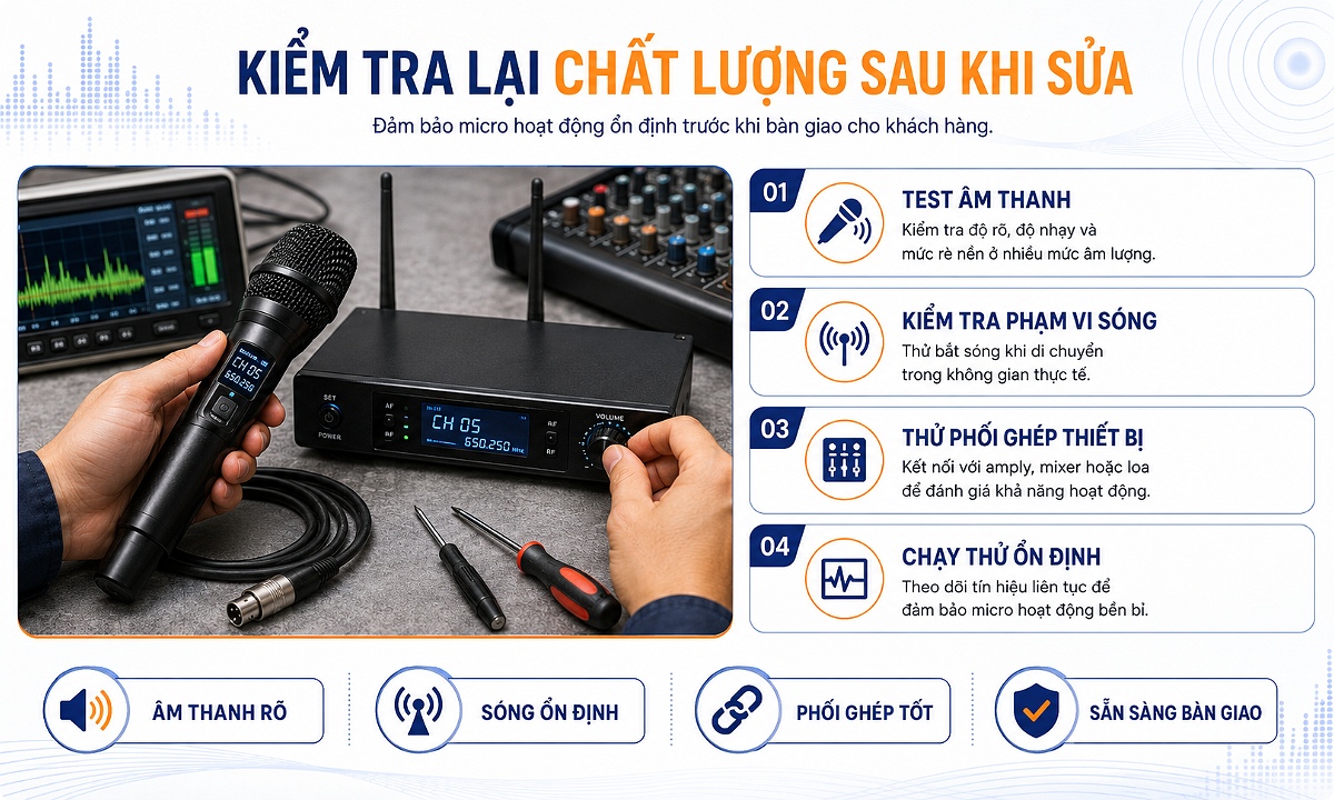 Kiểm tra lại chất lượng micro không dây sau khi hoàn tất sửa chữa