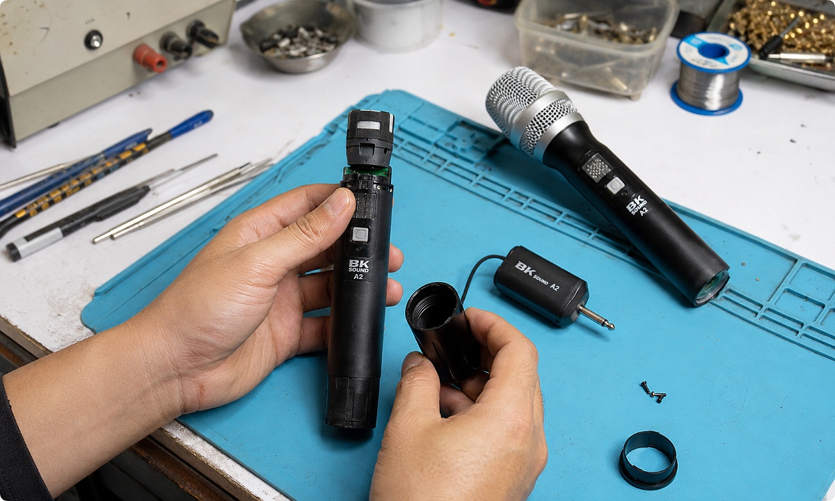 Tiếp nhận và kiểm tra tình trạng micro không dây trước khi sửa chữa tại TPHCM