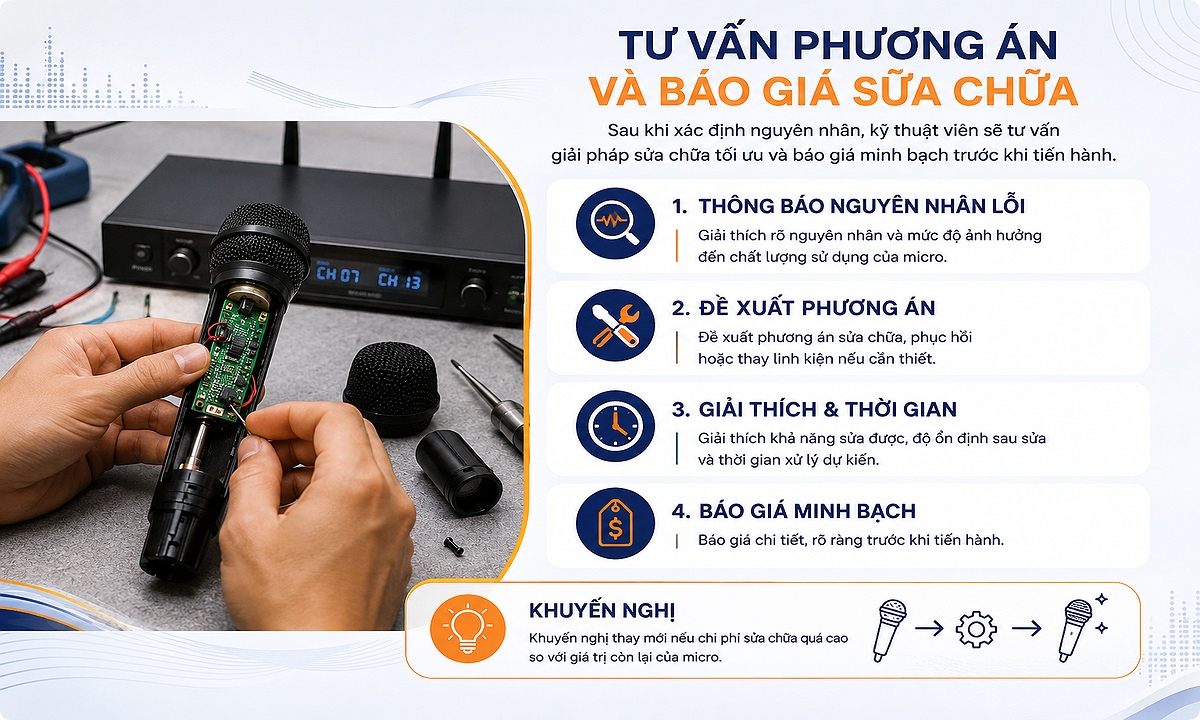 Tư vấn phương án và báo giá sửa micro không dây sau khi kiểm tra lỗi