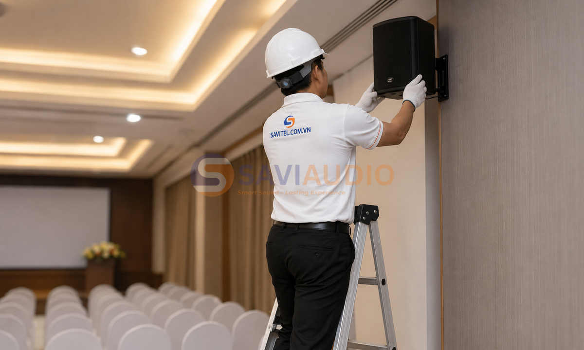 Nhân viên Savitel lắp đặt loa treo tường