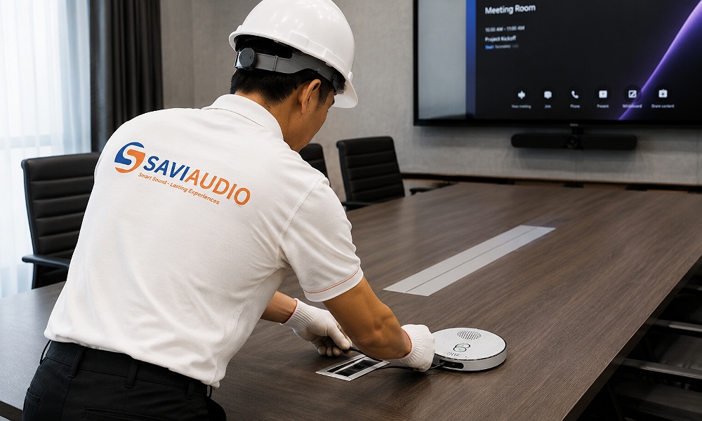 Nhân viên SAVIAUDIO đang lắp đặt loa trong phòng họp