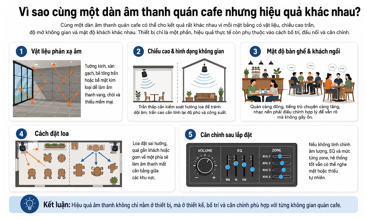 Vì sao cùng một dàn âm thanh quán cafe nhưng hiệu quả khác nhau?