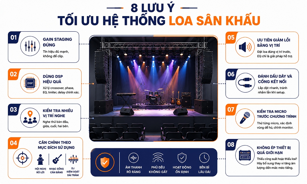 Cách bố trí loa sân khấu giúp hệ thống hoạt động hiệu quả hơn