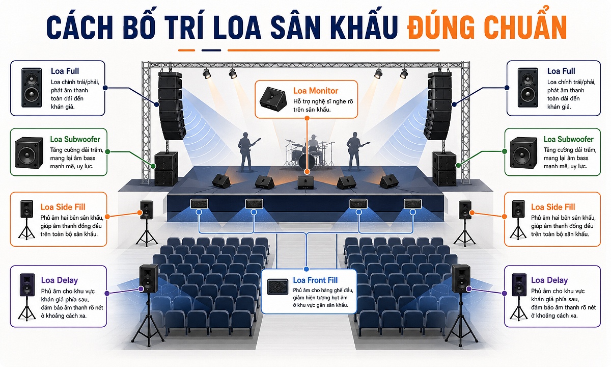 Hướng dẫn cách bố trí loa sân khấu đúng kỹ thuật