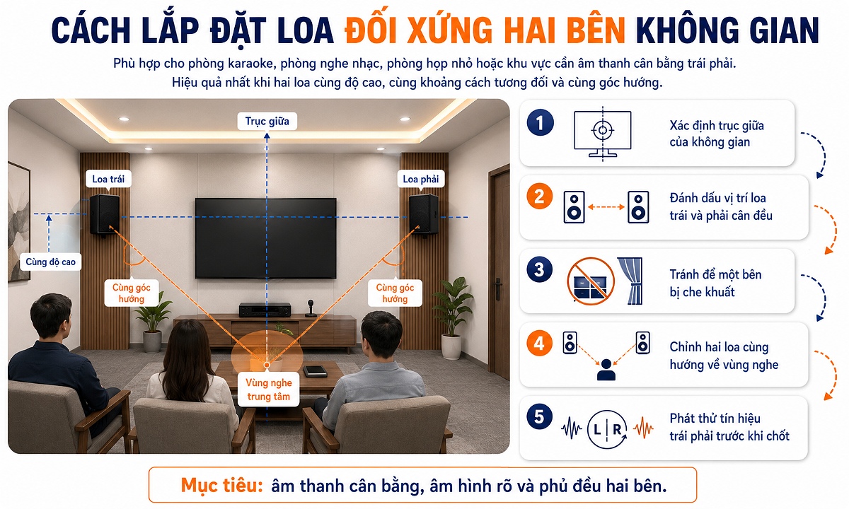 Hướng dẫn lắp đặt loa đối xứng hai bên không gian