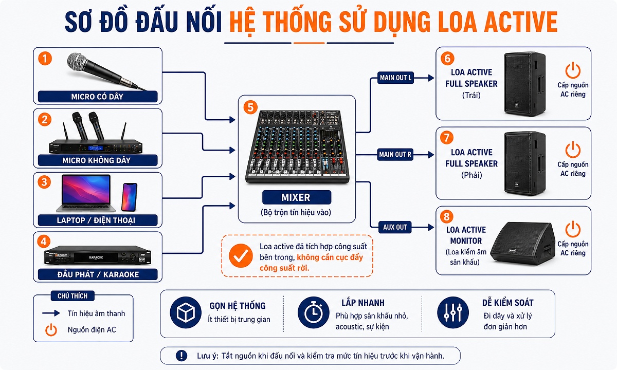 Cách đấu nối dàn âm thanh sân khấu với hệ thống loa Active
