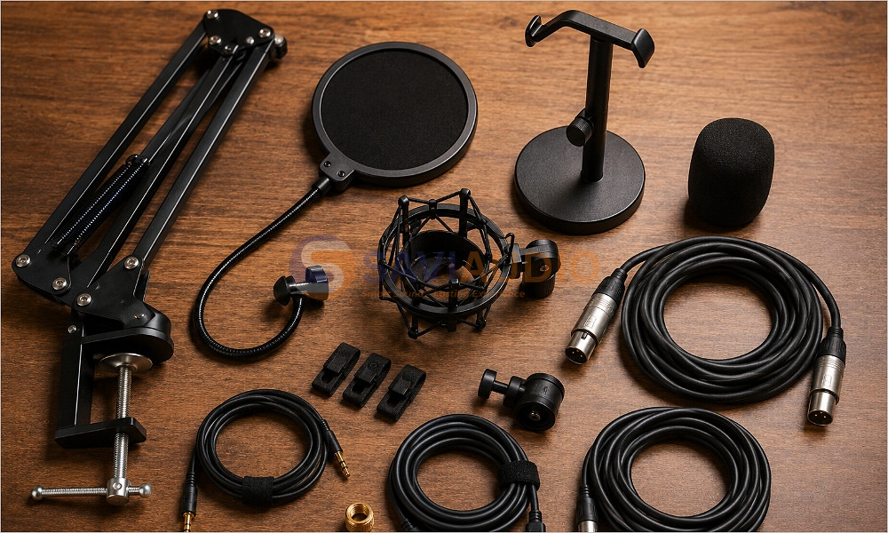 Chân micro, pop filter, dây tín hiệu