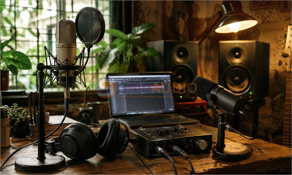 Micro thu âm, sound card, tai nghe kiểm âm và loa monitor