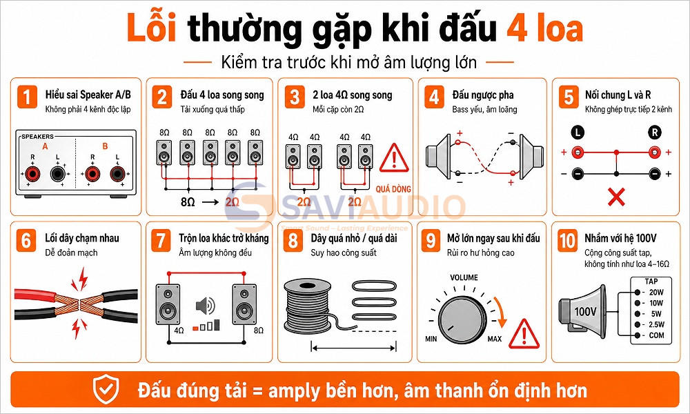Lỗi thường gặp khi đấu 4 loa vào 1 amply