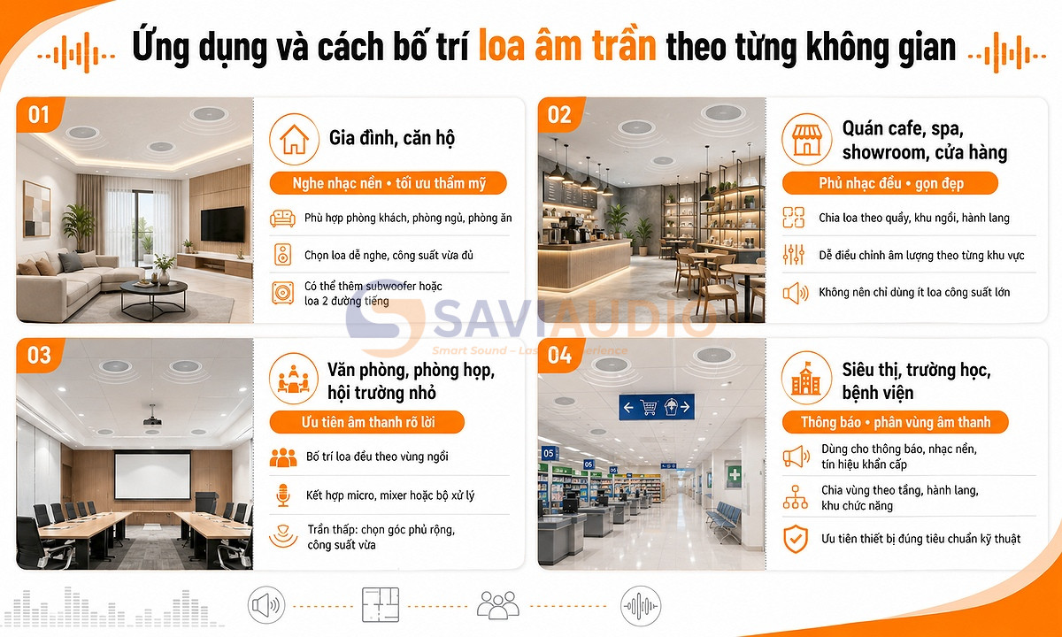 Ứng dụng và cách bố trí loa âm trần theo từng không gian