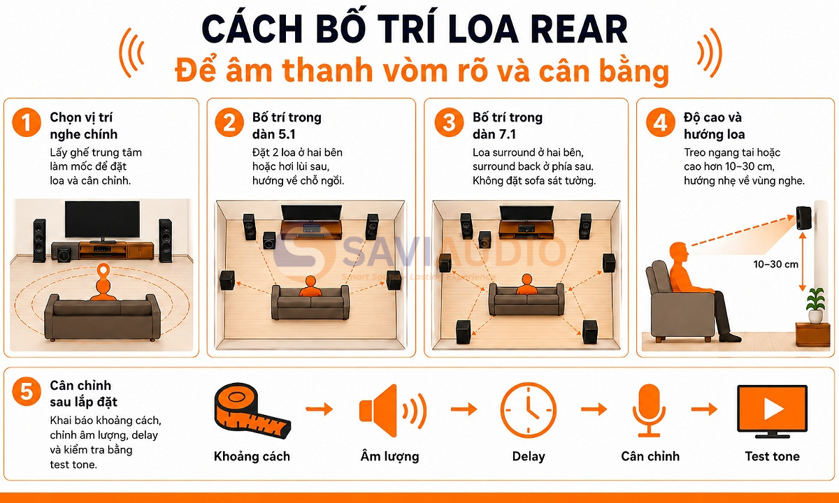 Cách bố trí loa rear đúng để âm thanh vòm rõ và cân bằng
