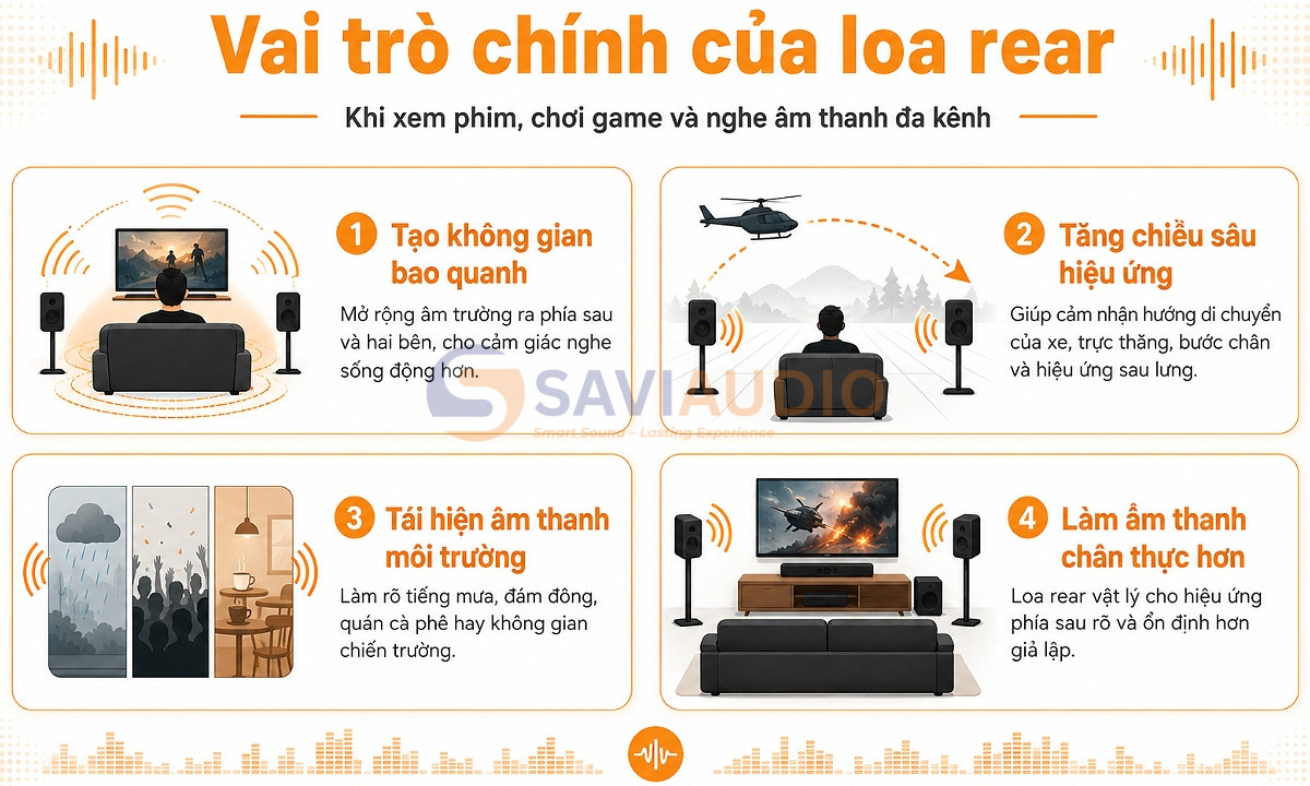 Vai trò chính của loa rear khi xem phim, chơi game và nghe âm thanh đa kênh