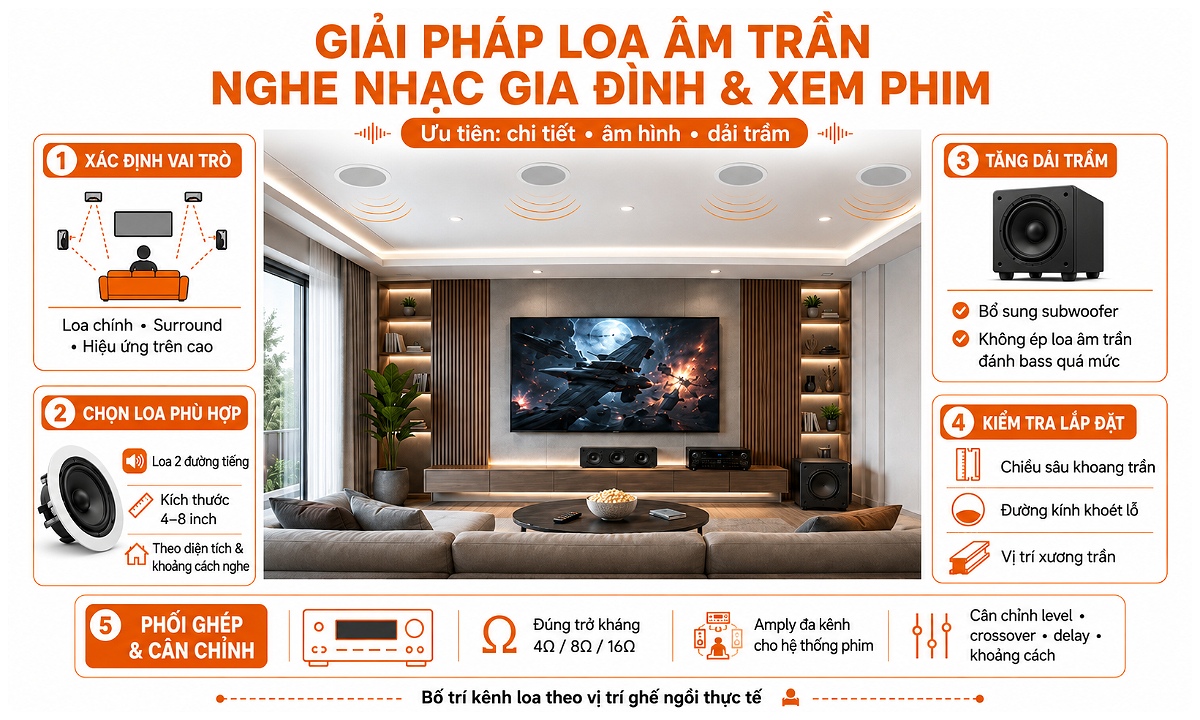Giải pháp loa âm trần nghe nhạc gia đình và xem phim